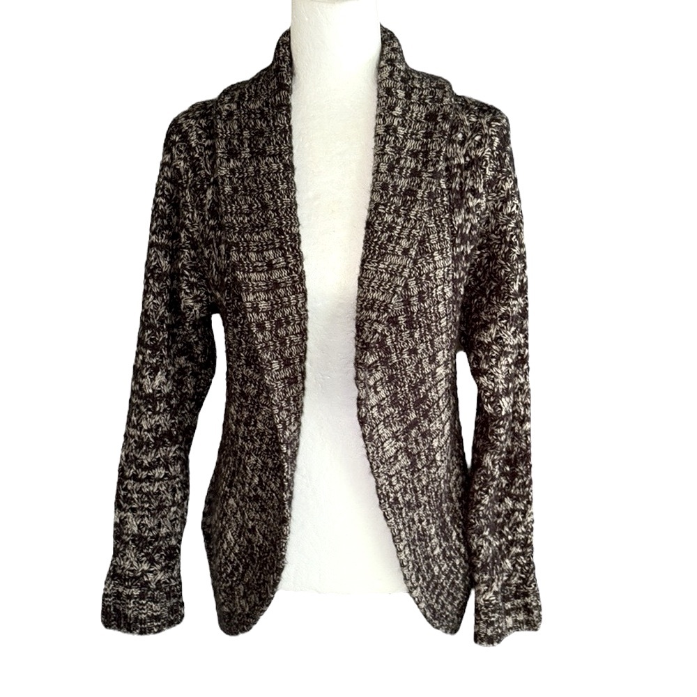 Anthropologie Tulle Black & Cream Marled Shawl Collar Open Front Cardigan - M